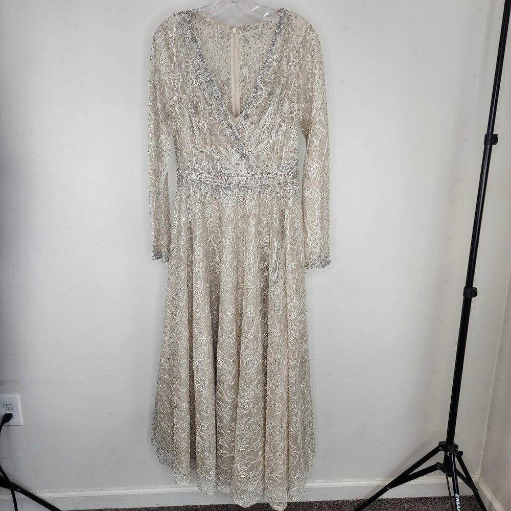NWT Mac Duggal Embellished Wrap Over Long Sleeve Midi Dress Taupe Size 6 - Picture 6 of 14